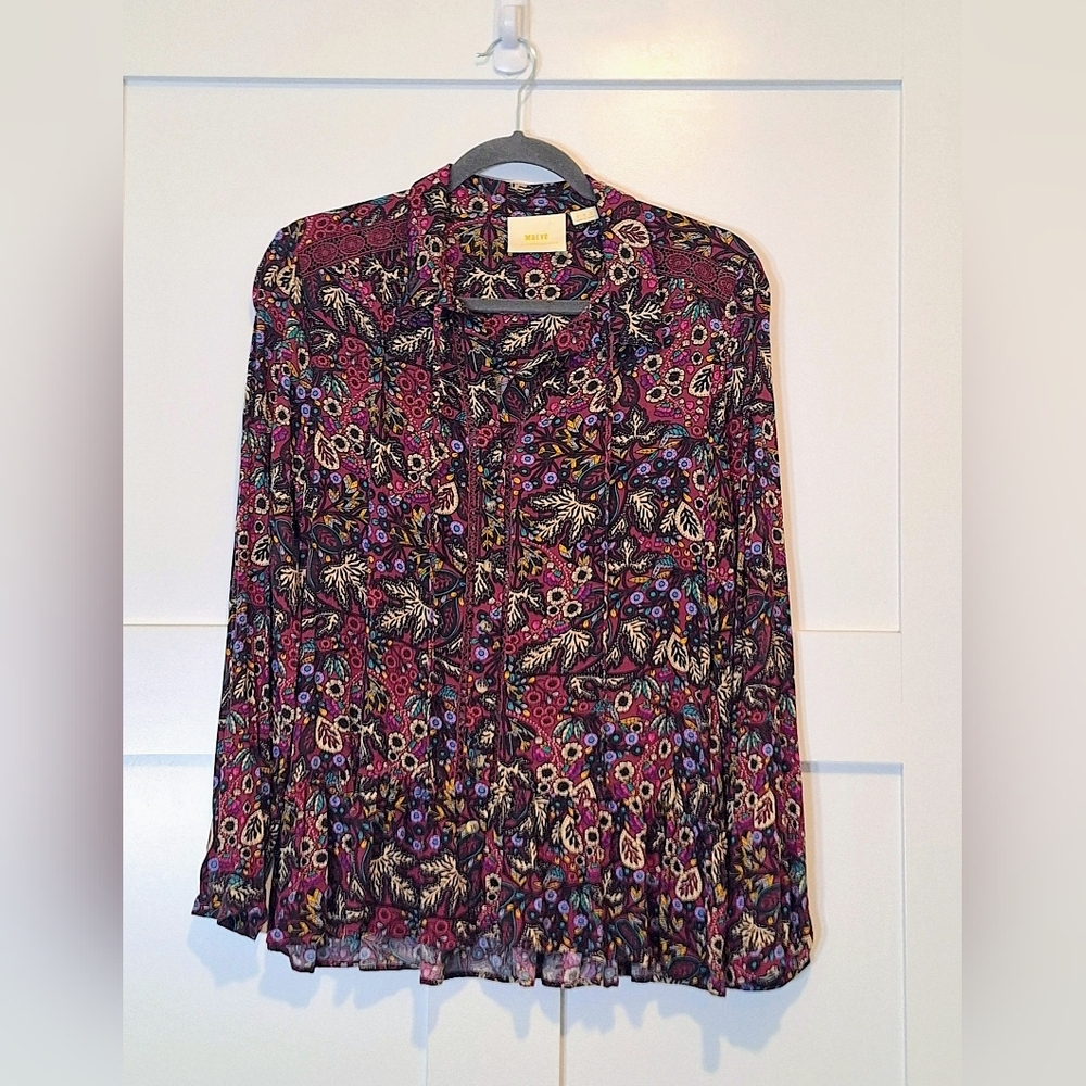 Maeve Anthropologie Janie Flounced Peasant Blouse Size 8 Purple Teal Floral